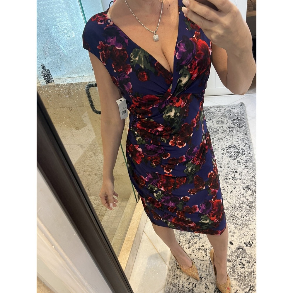 American Living Floral Stretch Jersey Dress Womens 14 NWT Navy Blue Rose Sheath